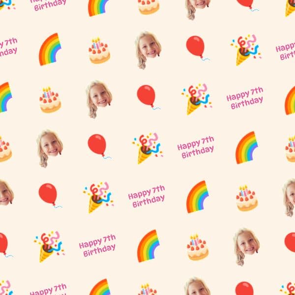 Pastel rainbow wrapping paper with repeated child's name and age, balloons, cakes and confetti