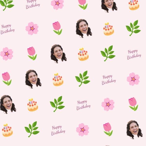 Watercolour floral wrapping paper in blush and sage with a repeated script name and a central smiling portrait