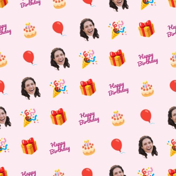 Pastel birthday wrapping paper with photo collage spaces, balloons, confetti and small cakes