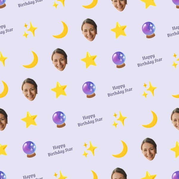 Twilight-lilac birthday wrapping paper with sparkling stars, crescent moons and constellation lines, ready for a name and star sign