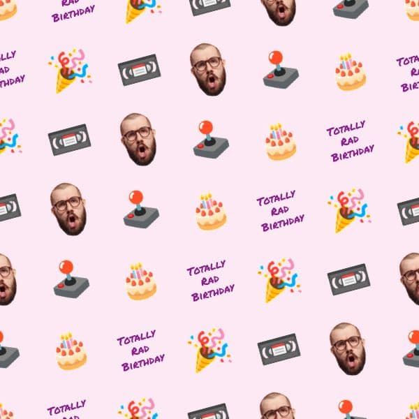 Bright retro 90s wrapping paper with confetti, cassettes and arcade icons plus a photo face and name