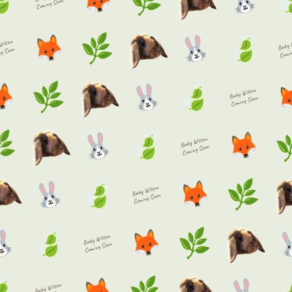 Sage green and brown wrapping paper with woodland fox, hedgehog and deer, leaves, baby surname and due date