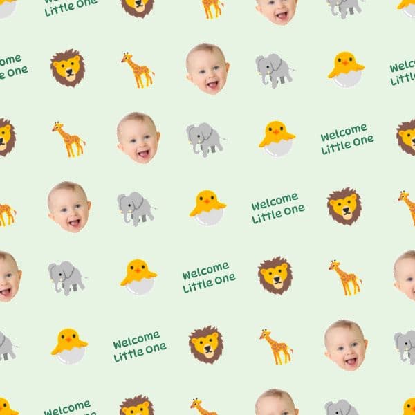 Mint wrapping paper with cute safari animals, a smiling baby face and jungle emojis around a baby's name