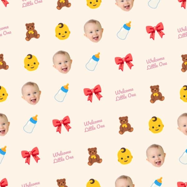 Pastel wrapping paper with teddy bears, toys and baby clothes, a smiling baby photo and welcome message