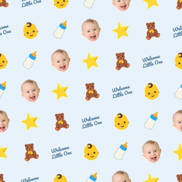 Pastel blue baby boy wrapping paper with cute motifs and space for name, weight, date and time