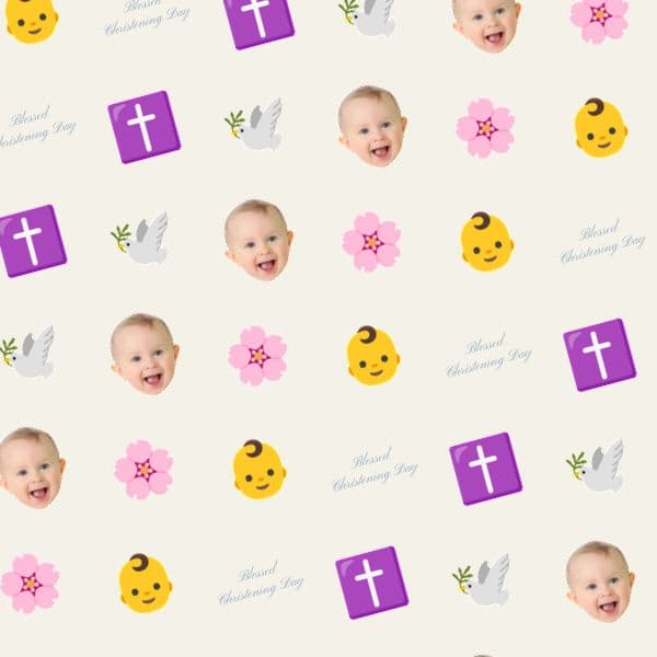 Pastel christening wrapping paper with delicate crosses, soft florals, a smiling baby and a personalised name