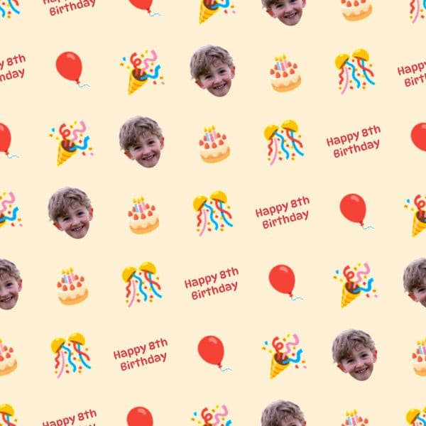 Birthday wrapping paper with colourful balloons, confetti, a large age, a smiling face and a repeating name