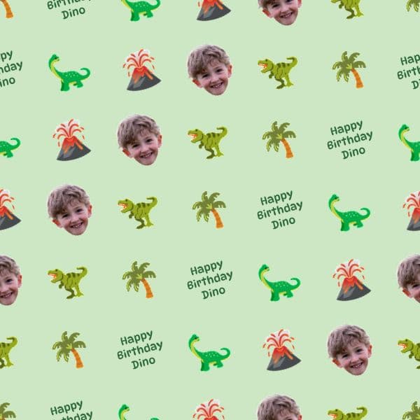 Cartoon dinosaurs and volcanoes in jungle tones with a child's smiling face hidden among the herd