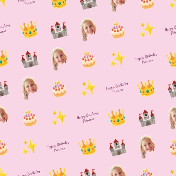 Wrapping paper with pink and gold princess castles, crowns and name banners on a soft pink background