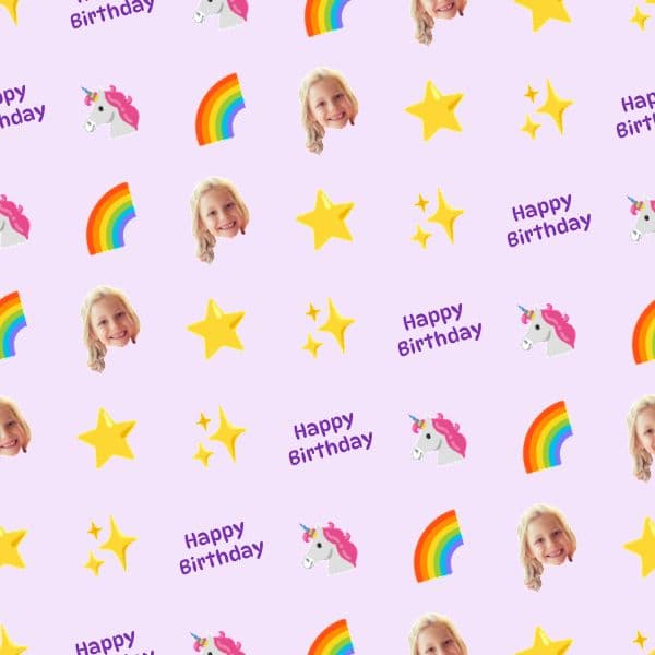 Lilac unicorn birthday wrapping paper with rainbows, stars, a girl's photo and name repeated