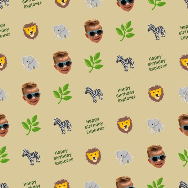 Khaki-green jungle wrapping paper with lions, giraffes and monkeys and personalised explorer name tags