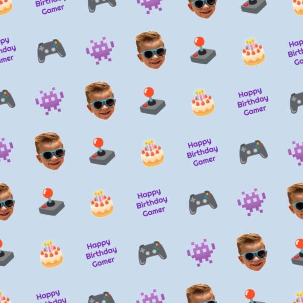 Gaming birthday wrapping paper with controllers, pixel icons, a kid in sunglasses and a personalised gamer tag