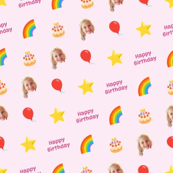 Pastel rainbow wrapping paper with repeated birthday lettering and a smiling child's photo