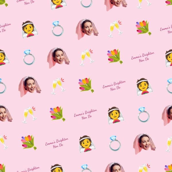 Blush pink wrapping paper with a smiling veiled bride, party scripts and cheeky emojis