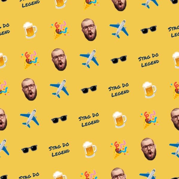 Playful stag do wrapping paper with beers, party poppers and a bearded-mate photo cut-out