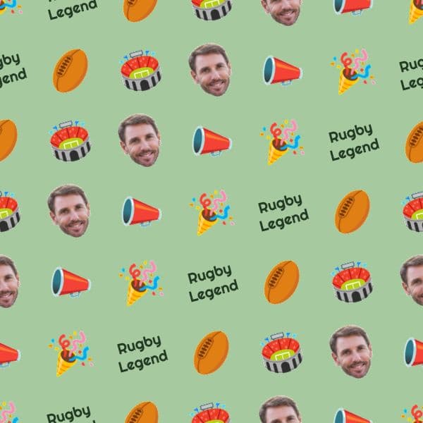 Pitch-green wrapping paper with rugby balls, stadium and cheering crowd motifs and space for a fan's photo