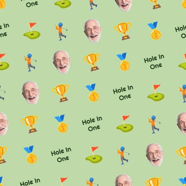 Green golf wrapping paper with flags, trophies and personalised named golf balls