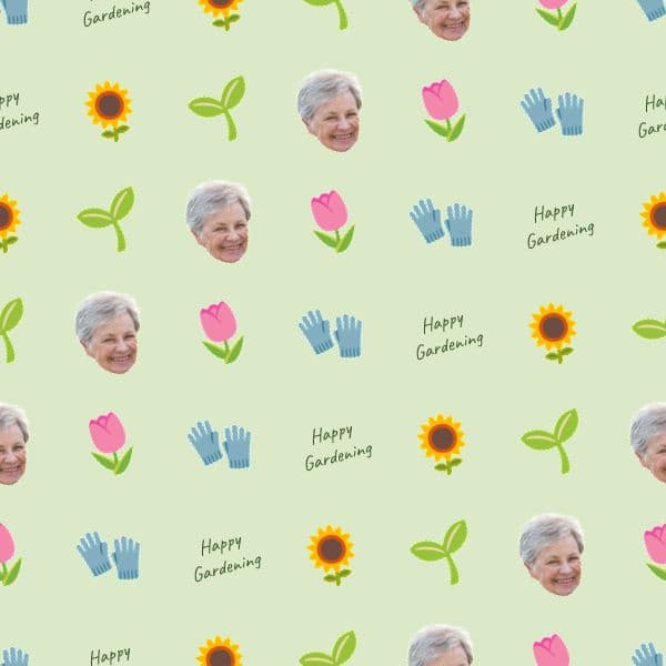 Gardening wrapping paper with flowers, trowels and personalised seed-packet illustrations in soft botanical tones