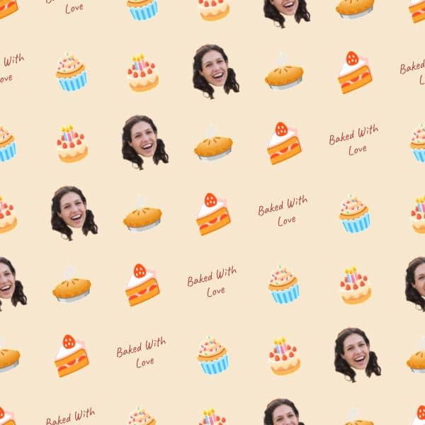 Cream wrapping paper with cakes, whisks and baking tools in berry tones and a smiling baker