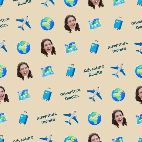 Beige wrapping paper covered in passport stamps, world maps and jet-set travel icons