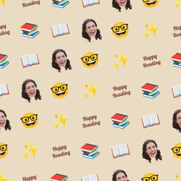 Wrapping paper covered in bookshelves full of storybooks with sparkles in warm library colours