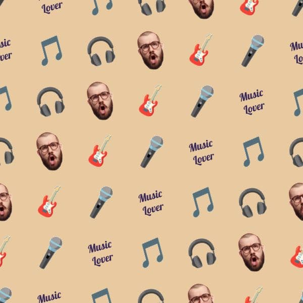 Retro wrapping paper with vinyl records, headphones and music notes in warm amber and orange tones