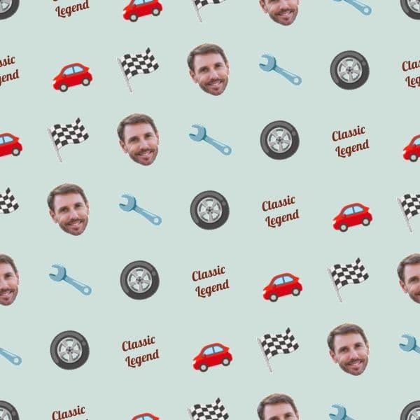 Duck-egg blue wrapping paper with retro classic cars and a name on a number plate