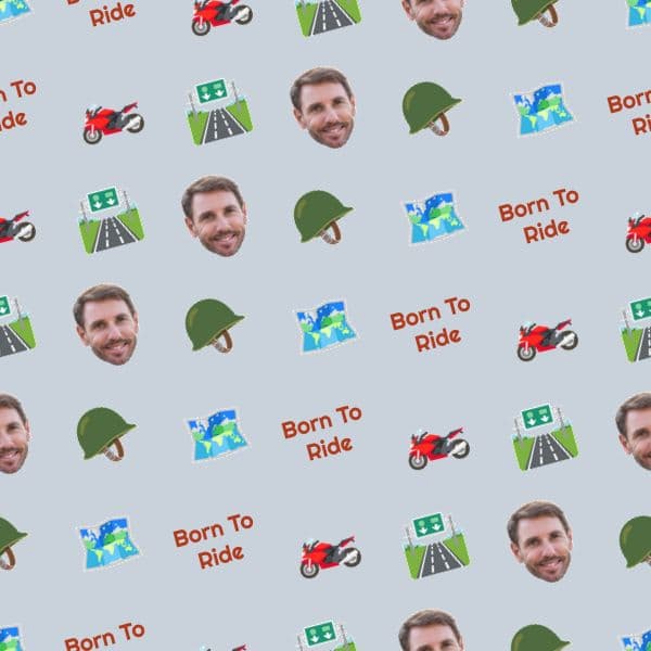 Slate-grey wrapping paper with motorbike helmets, winding route maps and open-road motifs in bold colours