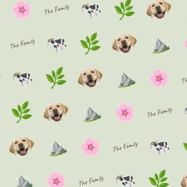 Watercolour Highland cows in sage and earthy brown tones with a personalised family name on wrapping paper