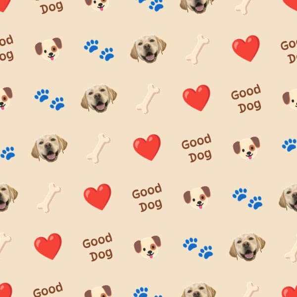Wrapping paper with illustrated dogs, paw prints and bones in warm caramel tones