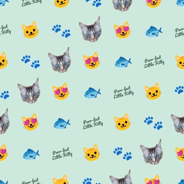 Grey cat portraits and paw-print emojis on a soft mint background with a personalised pet name repeated throughout