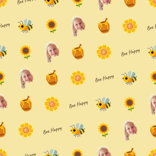 Botanical wrapping paper with honeybees, wildflowers and greenery in warm honey tones with hidden names