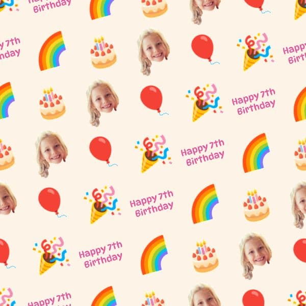 Pastel rainbow wrapping paper with repeated child's name and age, balloons, cakes and confetti