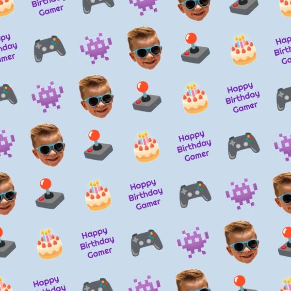 Gaming birthday wrapping paper with controllers, pixel icons, a kid in sunglasses and a personalised gamer tag