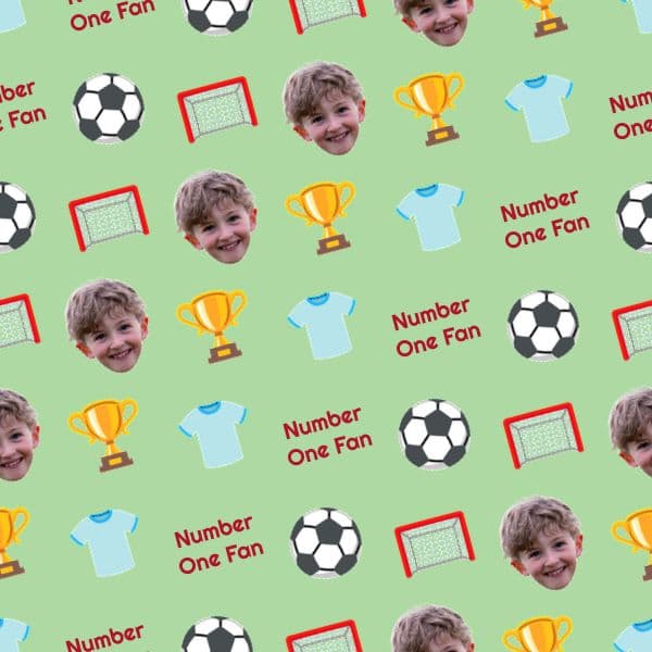 Pitch-green wrapping paper with football emojis, a smiling young fan photo and repeating bold name text