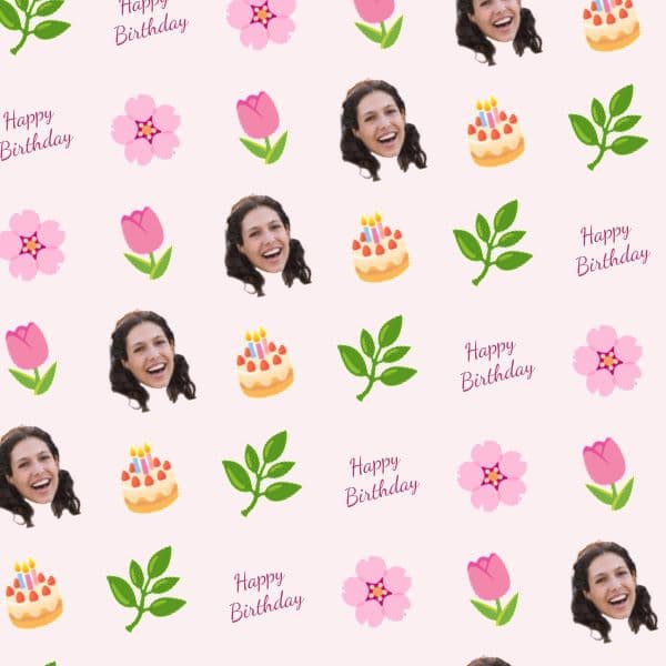 Watercolour floral wrapping paper in blush and sage with a repeated script name and a central smiling portrait