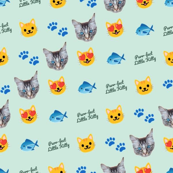 Grey cat portraits and paw-print emojis on a soft mint background with a personalised pet name repeated throughout