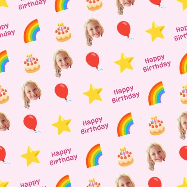 Pastel rainbow wrapping paper with repeated birthday lettering and a smiling child's photo