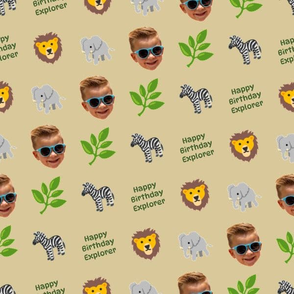 Khaki-green jungle wrapping paper with lions, giraffes and monkeys and personalised explorer name tags