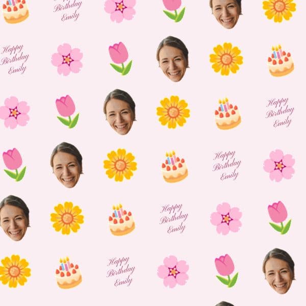 Blush pink wrapping paper with birth-flower illustrations and a name in elegant script with a birthday message