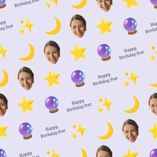 Twilight-lilac birthday wrapping paper with sparkling stars, crescent moons and constellation lines, ready for a name and star sign