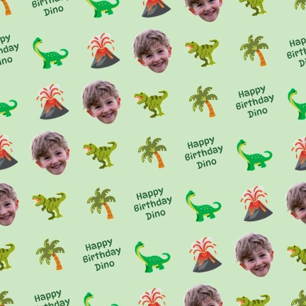 Cartoon dinosaurs and volcanoes in jungle tones with a child's smiling face hidden among the herd