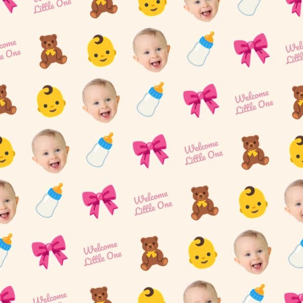 Pastel wrapping paper with teddy bears, toys and baby clothes, a smiling baby photo and welcome message