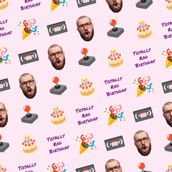 Bright retro 90s wrapping paper with confetti, cassettes and arcade icons plus a photo face and name