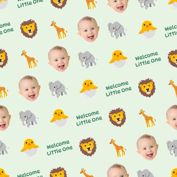 Mint wrapping paper with cute safari animals, a smiling baby face and jungle emojis around a baby's name