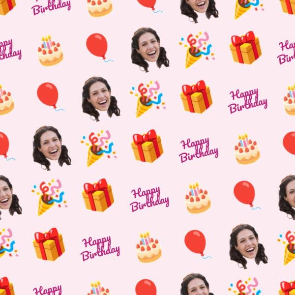 Pastel birthday wrapping paper with photo collage spaces, balloons, confetti and small cakes