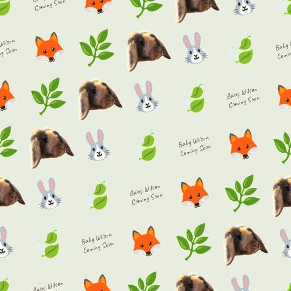 Sage green and brown wrapping paper with woodland fox, hedgehog and deer, leaves, baby surname and due date