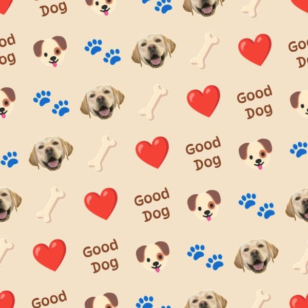 Wrapping paper with illustrated dogs, paw prints and bones in warm caramel tones