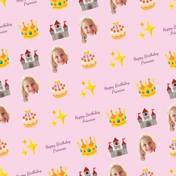 Wrapping paper with pink and gold princess castles, crowns and name banners on a soft pink background