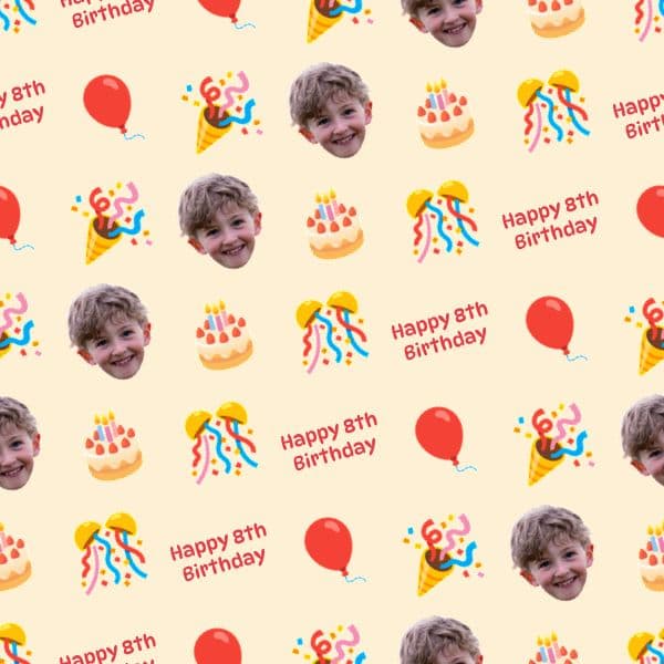 Birthday wrapping paper with colourful balloons, confetti, a large age, a smiling face and a repeating name